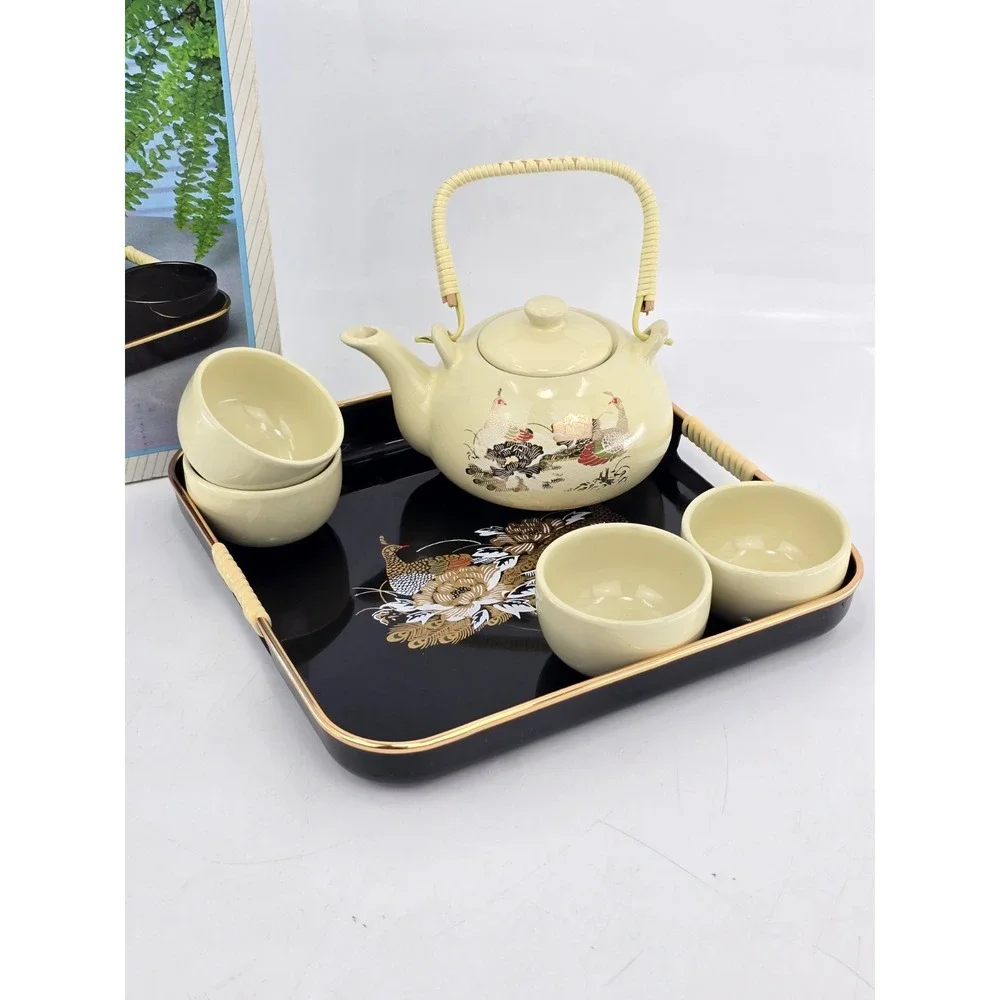 Vintage Keramik Tea Set Teapot + 4 handleless Cups Teaset/Saki, New In Box White